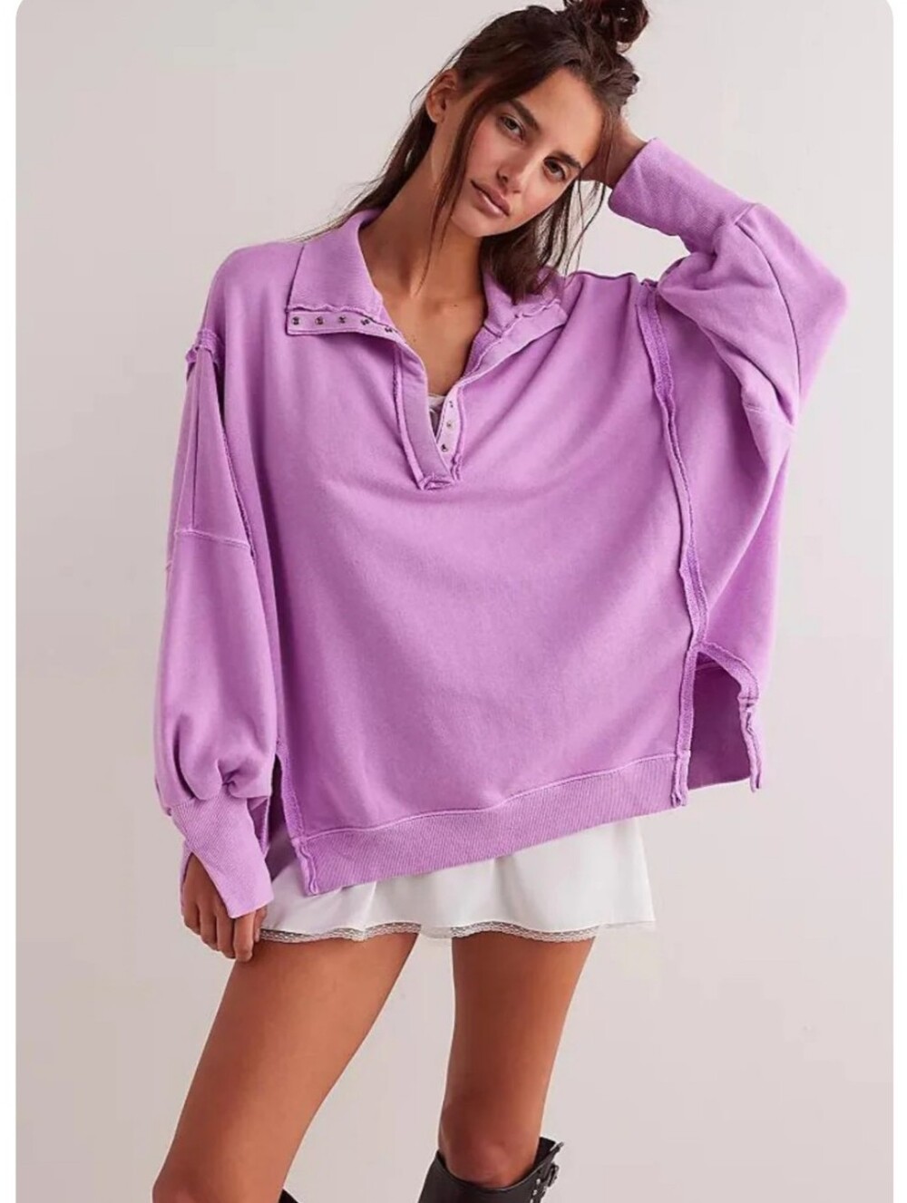 Free People We The Free Bubble Tea Camden Henley Sweatshirt | Size Small